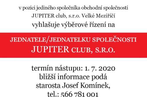 Město Velké Meziříčí vyhlašuje výběrové řízení na jednatele/jednatelku