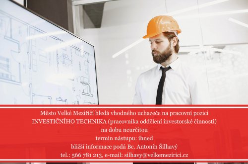 Městský úřad Velké Meziříčí hledá investičního technika